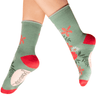 Green socks with red accents and floral patterns on a white background