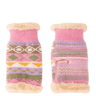 Pair of pink knitted dog sweaters with patterned design and fur trim on a white background