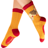 Yellow socks with red accents and hedgehog design on a white background