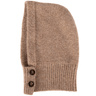 Brown knitted baby bonnet with buttons on a white background