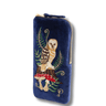 Blue pouch with embroidered owl design on a white background