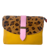 Clutch bag with leopard print top half and yellow bottom half on a white background
