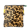 Leopard print pouch with yellow accents on a white background