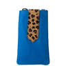 Blue pouch with a leopard print strap on a white background