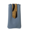 Blue phone case with a brown and black patterned flap on a white background