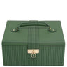 Green jewelry box with a handle and gold lock on a white background