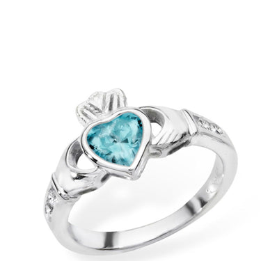Sterling Silver Claddagh Birthstone Rings - March