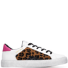 White sneaker with leopard print and pink heel tab on a white background