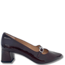 Shiny purple shoe with a buckle on a white background