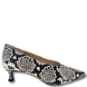 kitten heeled shoe with snake print pattern on a white background