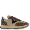 Sneaker with leopard print and beige accents on a white background