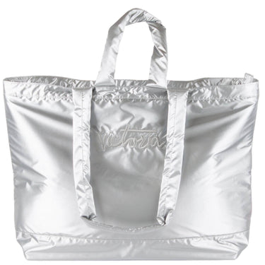 Silver reflective tote bag with 'Victoria' branding on a white background
