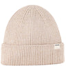 Beige knit beanie with a small label on a white background