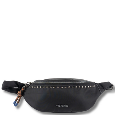 Black waist bag with studded details on a white background