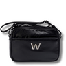 Black handbag with a silver 'W' logo on a white background