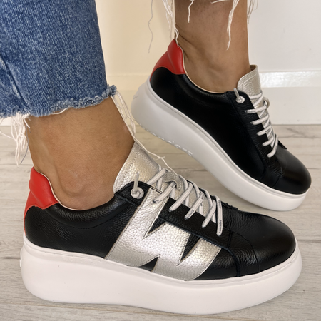 Wonders Black & Red Leather Brand Lace Sneakers