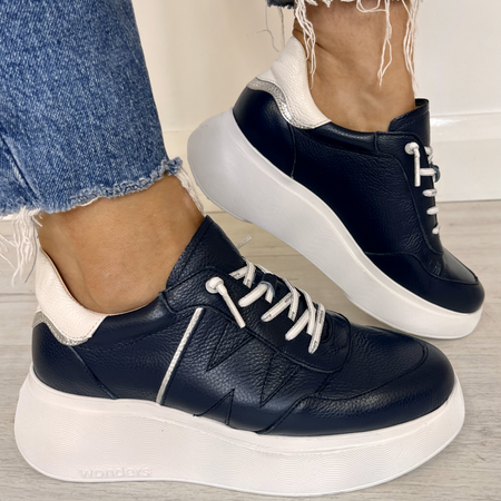 Wonders Navy & Silver Leather Elastic Laces Sporty Sneakers