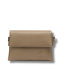 Beige leather clutch bag with 'wonders' branding on a white background