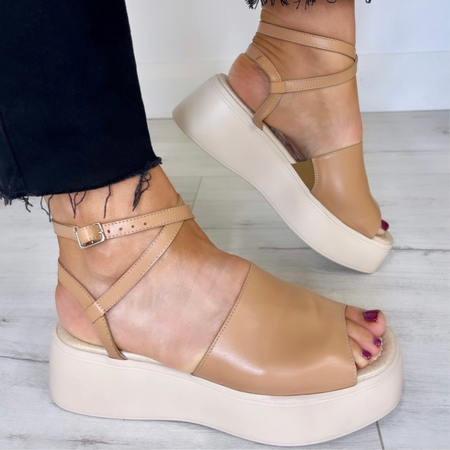Wonders Tan Leather Ankle Strap Flatform Sole Sandals