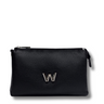 Black leather clutch bag with a logo on a white background