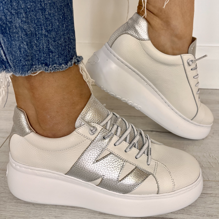 Wonders White & Silver Leather Brand Lace Sneakers
