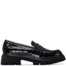 Black patent leather loafer shoes on a white background