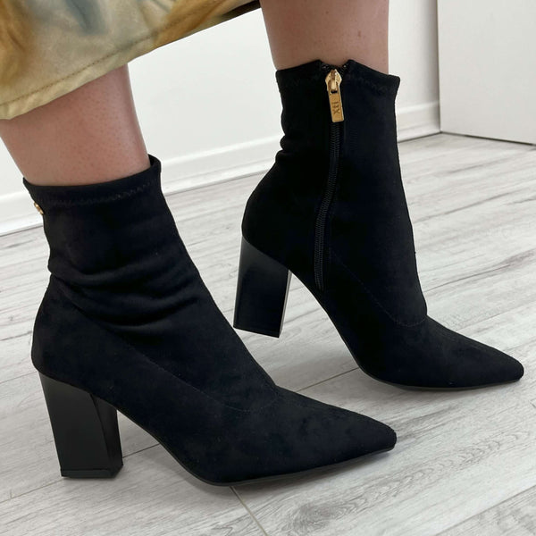 Black Block Heeled Point Toe Sock Boot