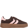 Brown and pink sneaker with a white background