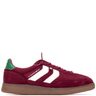 Maroon sneaker with white stripes and brown sole on a white background