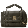 Green quilted handbag with a gold chain and emblem on a white background
