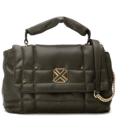 Green quilted handbag with a gold chain and emblem on a white background