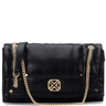 Black clutch bag with gold chain and emblem on a white background