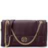 Brown handbag with a gold chain strap on a white background
