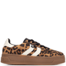 Leopard print sneaker with white stripes on a white background