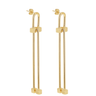 Gold hoop earrings with square accents on a white background