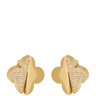 Gold earrings with diamond accents on a white background