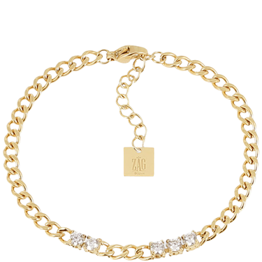 Gold chain bracelet with a clasp and 'ZAG' tag on a white background