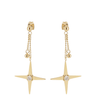 Gold star-shaped earrings with chain drops on a white background