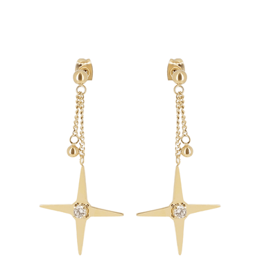 Gold star-shaped earrings with chain drops on a white background