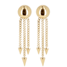 Gold earrings with spherical tops and chain drops featuring cone-shaped pendants on a white background.