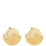 Gold earrings with a geometric design on a white background