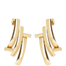 Gold earrings with a geometric design on a white background