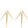 Pair of gold earrings with a central gemstone on a white background