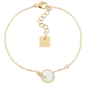 Gold bracelet with a white stone and clasp on a white background