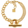 Gold chain bracelet with various links and a tag on a white background