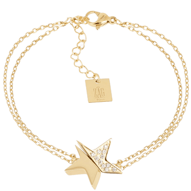 Gold bracelet with star-shaped pendant and visible brand tag on a white background