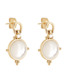 Gold earrings with white stones on a white background