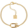 Gold bracelet with a clasp and 'ZAG' tag on a white background