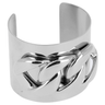 Silver cuff bracelet with braided design on a white background