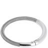 Silver bracelet with woven design on a white background